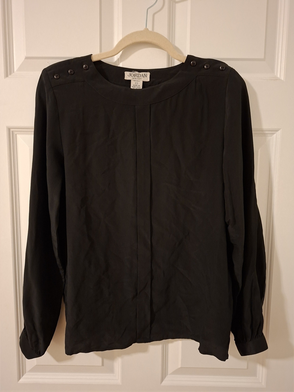 Vintage Jordan New York Black Long-Sleeve Button-Shoulder Blouse, Size 9/10